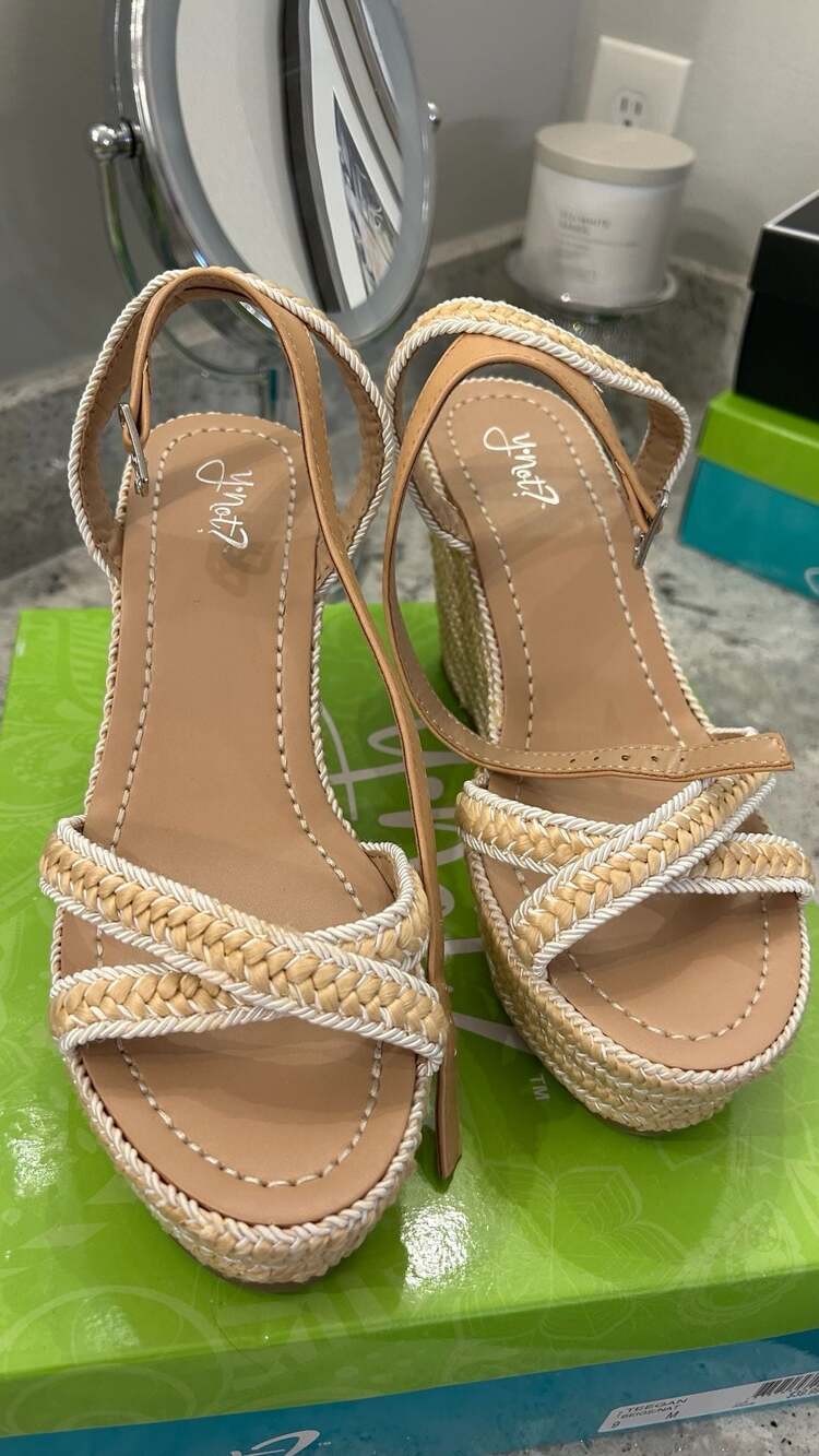 Y-Not Teegan Beige/Natural Braided Platform Wedge Sandals